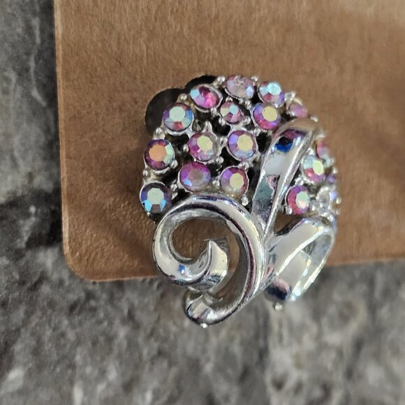 VTG Coro Silver Tone Clip On Earrings Pink AB Stones Aurora Borealis Mod 1960s - Picture 14 of 14